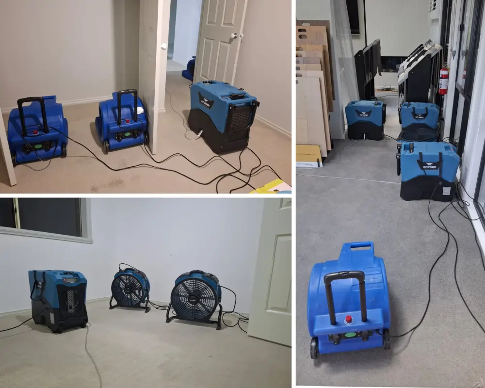 Flood restoration ongoing at a Geelong property with professional water extraction and drying equipment in use