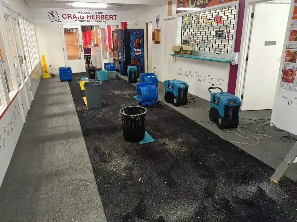 Commercial flood recovery in progress at a Geelong business premises with drying and dehumidification equipment operating