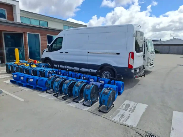 Flood Restoration Geelong van standing outside a residential property with professional flood restoration equipment