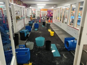 Large commercial property in Geelong undergoing flood restoration with professional water extraction and structural drying equipment